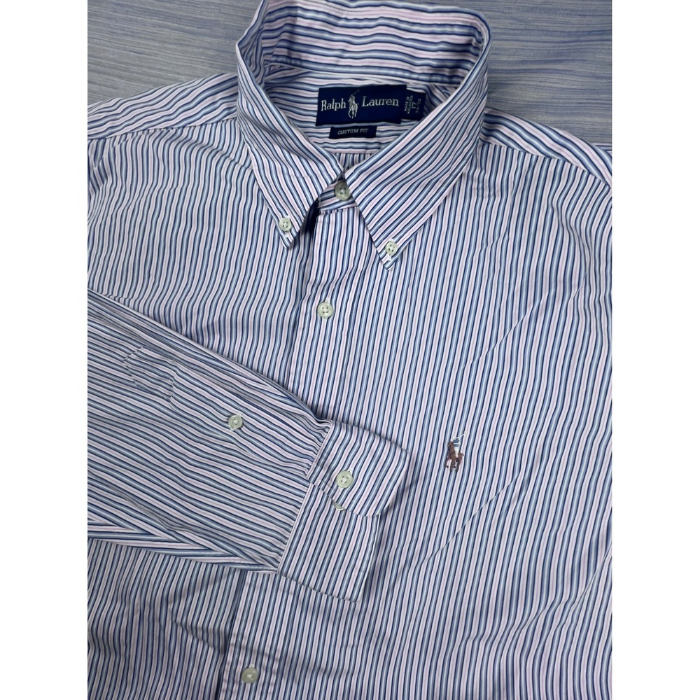 Ralph Lauren‎ Mens Custom Fit Striped Button Down Shirt Blue Pink 17 34/35 645